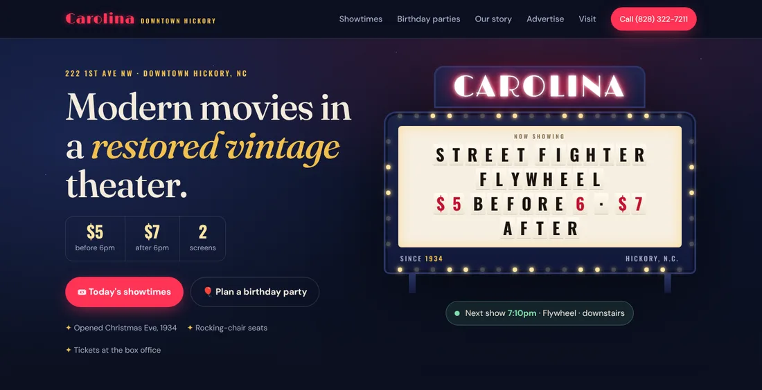 A redesigned Carolina Theater homepage: a lit marquee reading Street Fighter and Flywheel, $5 before 6pm, with buttons for today's showtimes and birthday parties.